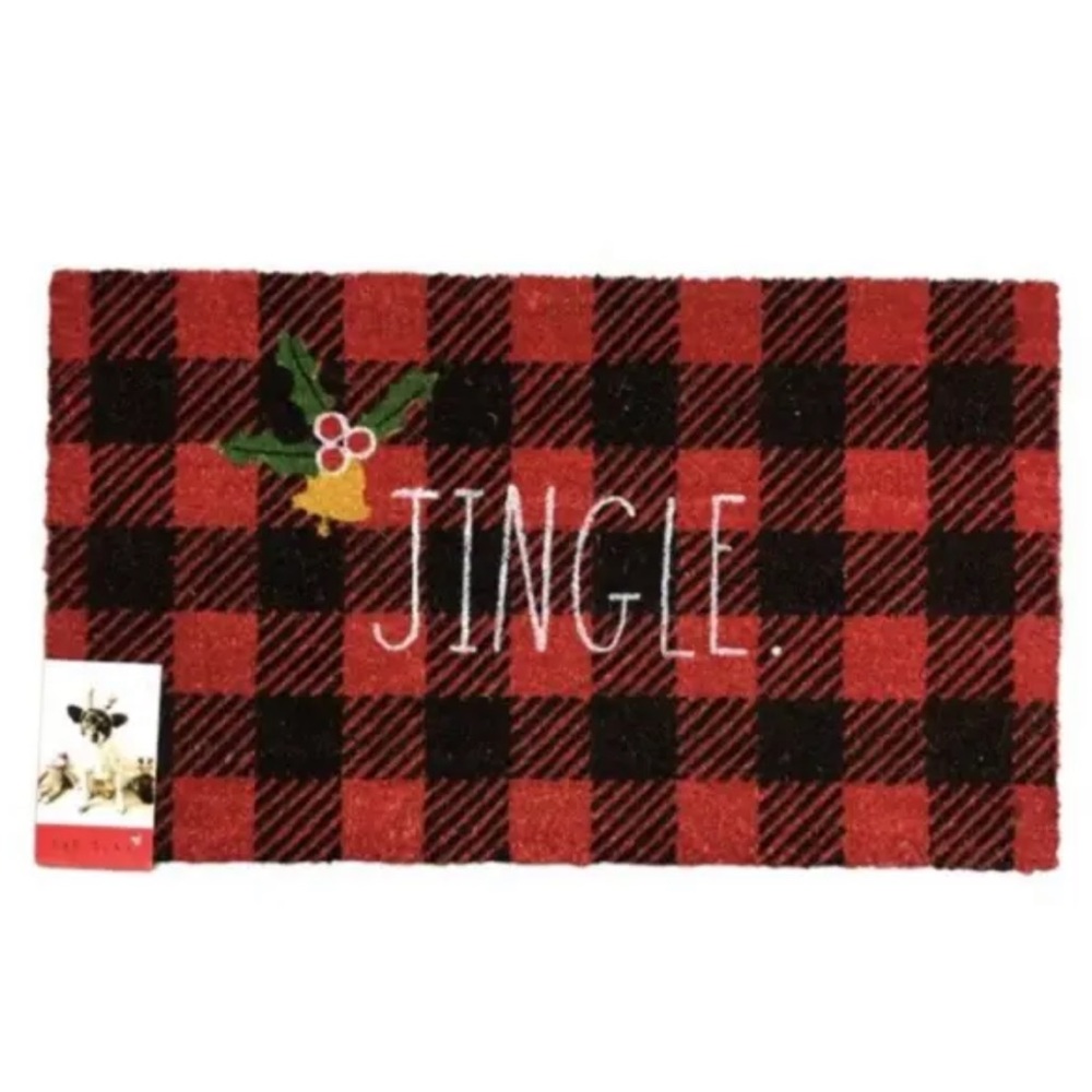 NEW! Rae Dunn “JINGLE" Christmas Red and Black Plaid Door Mat